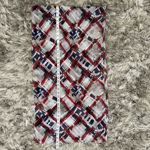 Cleo women red, white and blue plaid scarf. Size 72” long and 36” wide. Used. - Picture 2 of 6